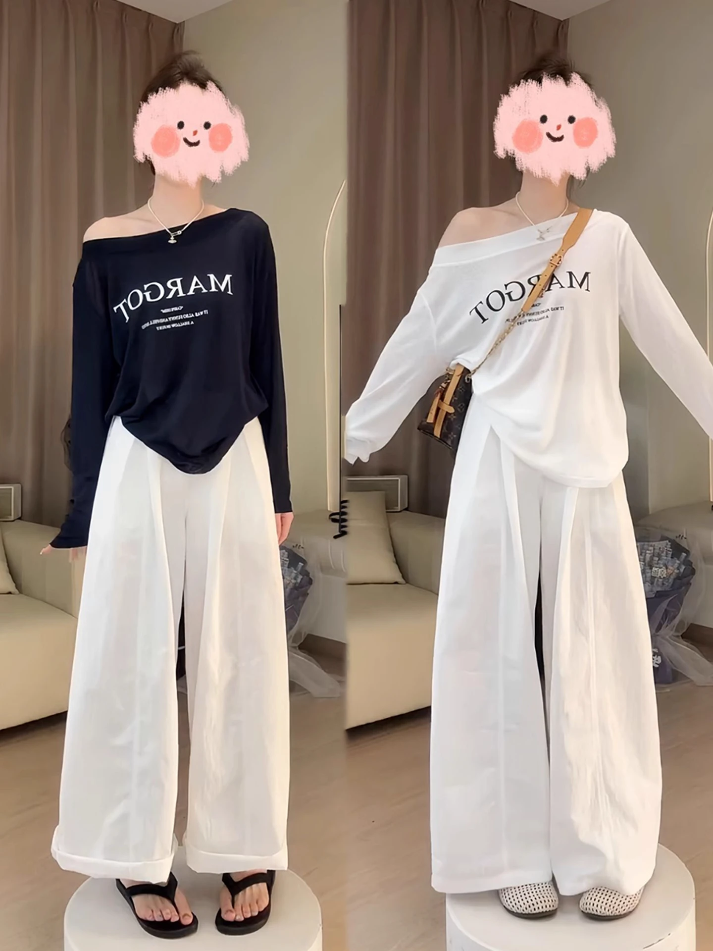 

Summer Korean Style Loose Simple Shoulder Angle Sun Protection T Fashion Straight Leg Wide Leg Pants Set Rectangular Universa...