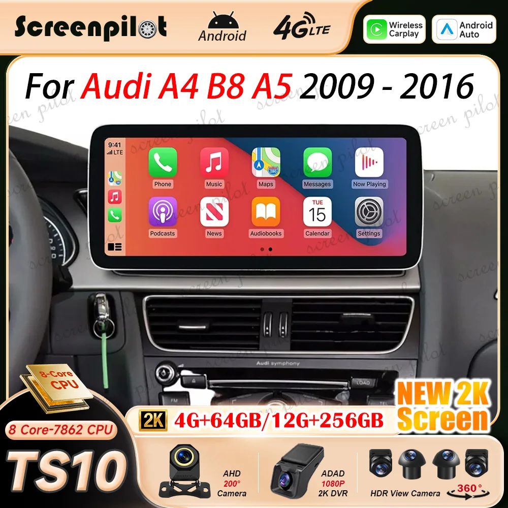 12.3 Inch Android 16 Car Radio For Audi A4 B8 A5 2009 2010 2011 - 2016 2K QLED Multimedia Video Player Navigation GPS NO 2DIN 5