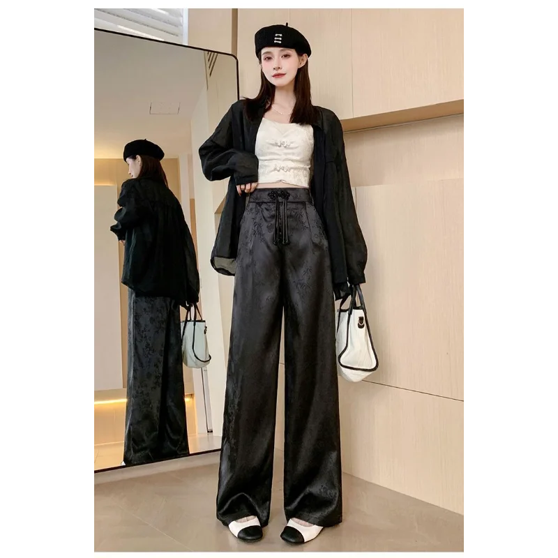 Nuevo estilo chino hebilla de disco satén Jacquard pierna ancha nueva cintura alta delgada drapeado Casual pantalones para fregar el suelo