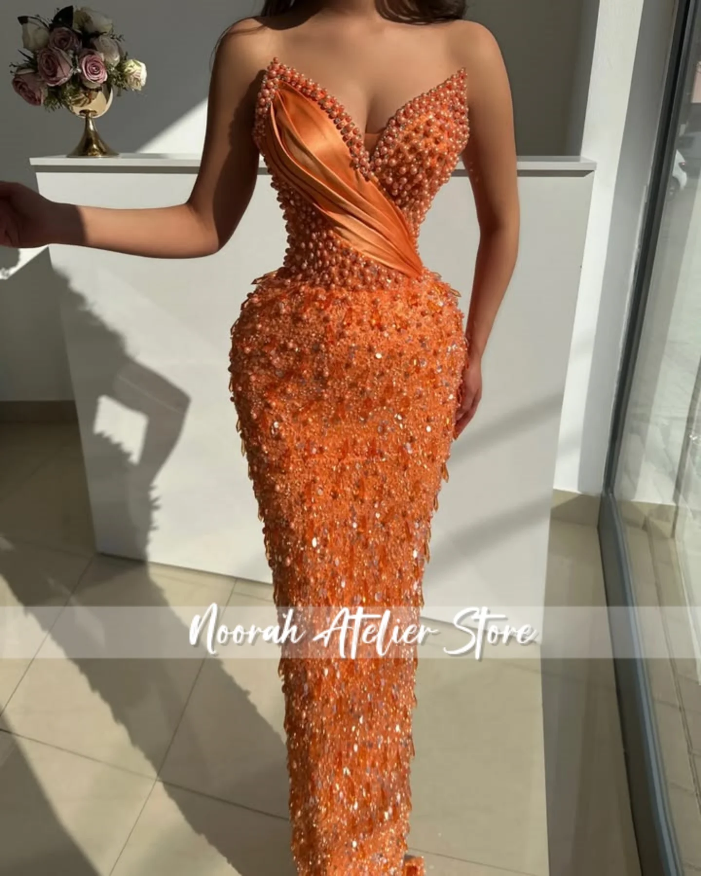 

Shinny Summer orange Beaded Pearls Sweetheart New Luxury High Quality Women Evening Dresses 2025 Wedding Party Gown Customized