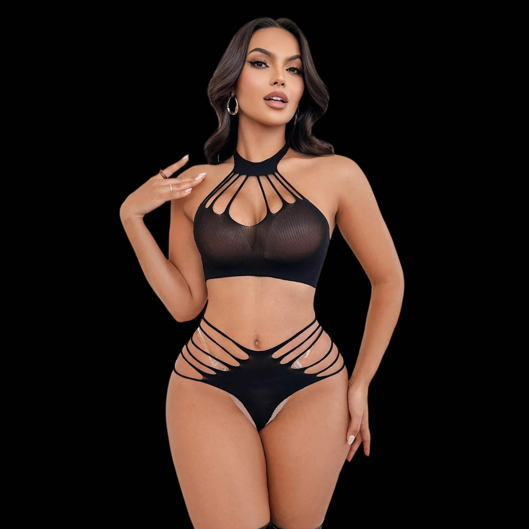 Underwear One Piece Bra Crotchless Body Set Full Clear Open Chest Sexy Lingerie Set Women Bodysuit Mesh Bras Black Underclothes