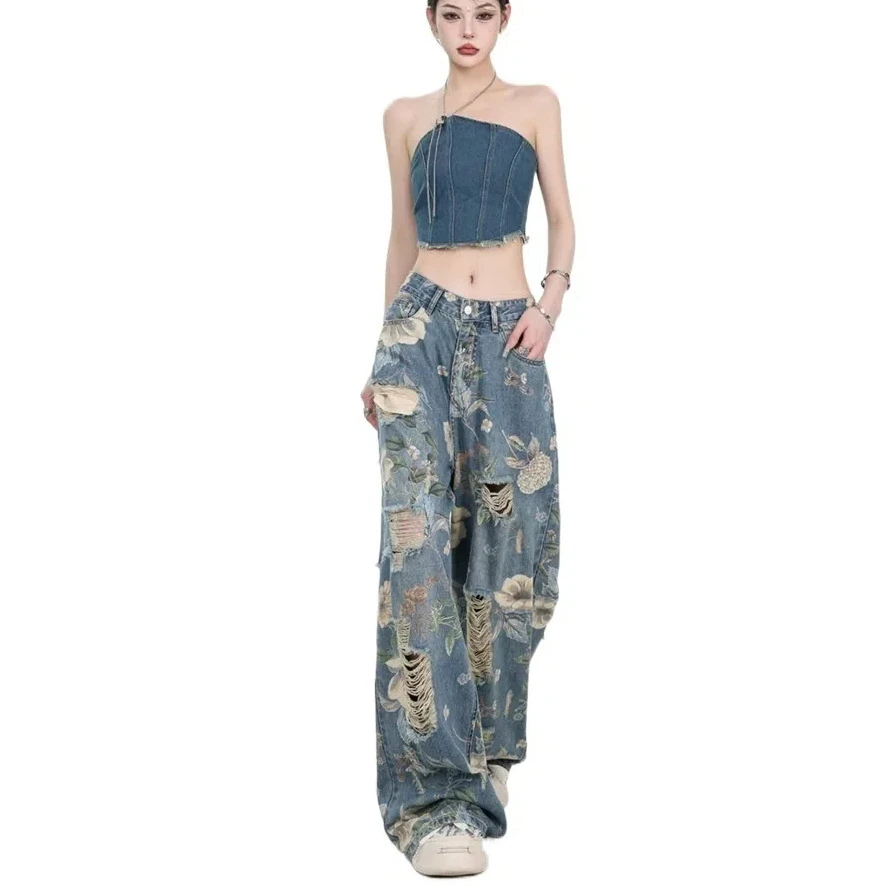 Grunge Floral Jeans Women Y2K Ins Baggy Straight Denim Trousers Streetwear Ripped Flower Cowboy Pants Boys Girls