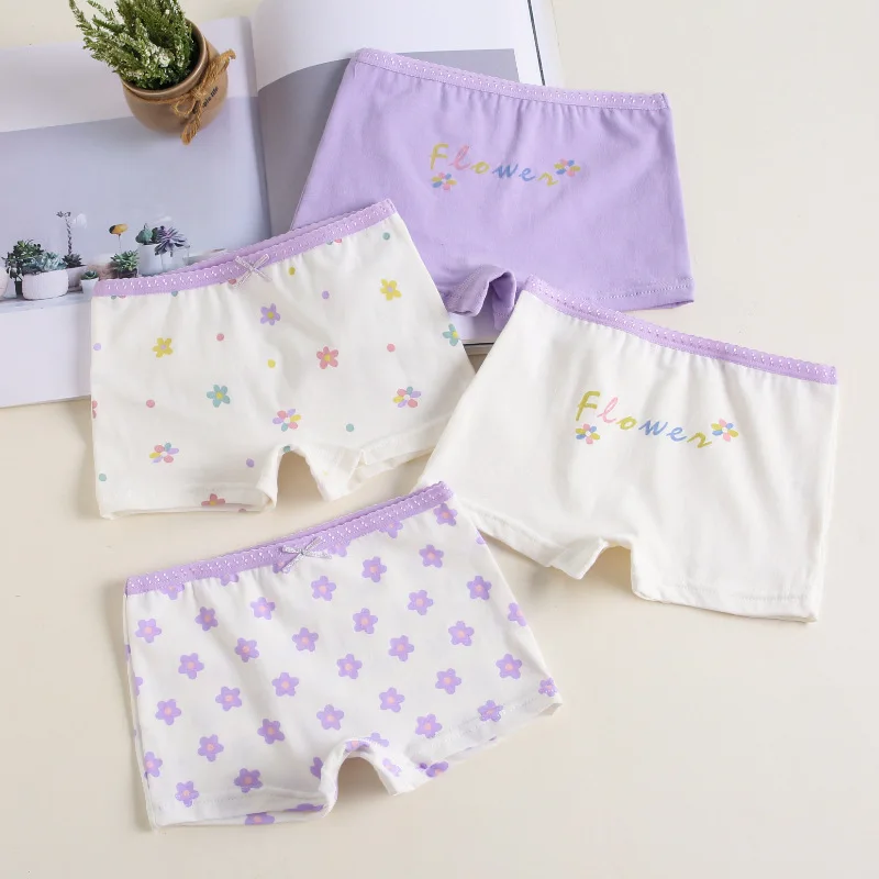 Girls' Cotton Breathable Boxer Briefs White And Purple Floral Print Kids' Safety Shorts Children's Underwear