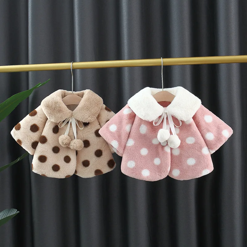 Winter plush long sleeved baby girl coat with thickened fur baby leopard print windproof girls\' clothing