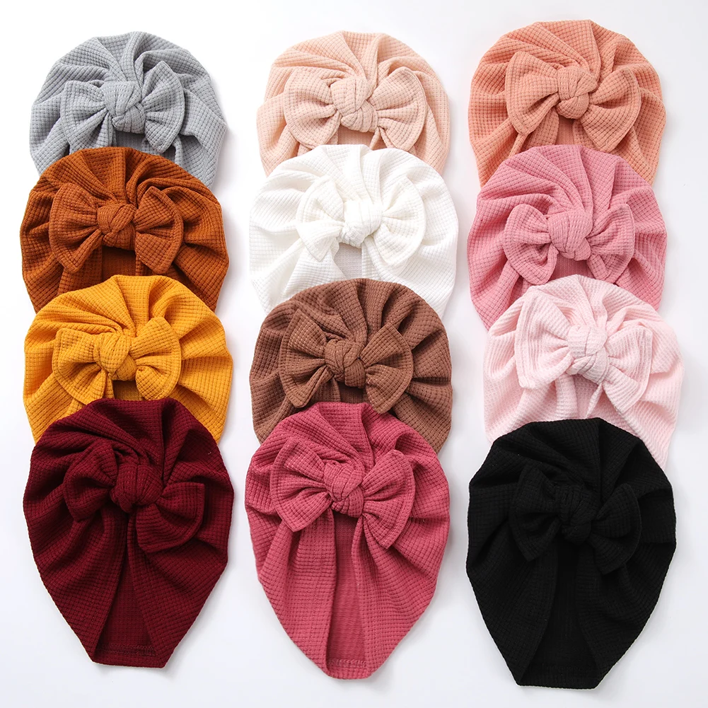 12pc/lot Baby Waffle Knitted Turban Infant Knot Bow Hat Girls Kids Bowknot Bonnet Newborn Beanie Caps Solid Head Wraps Toddler