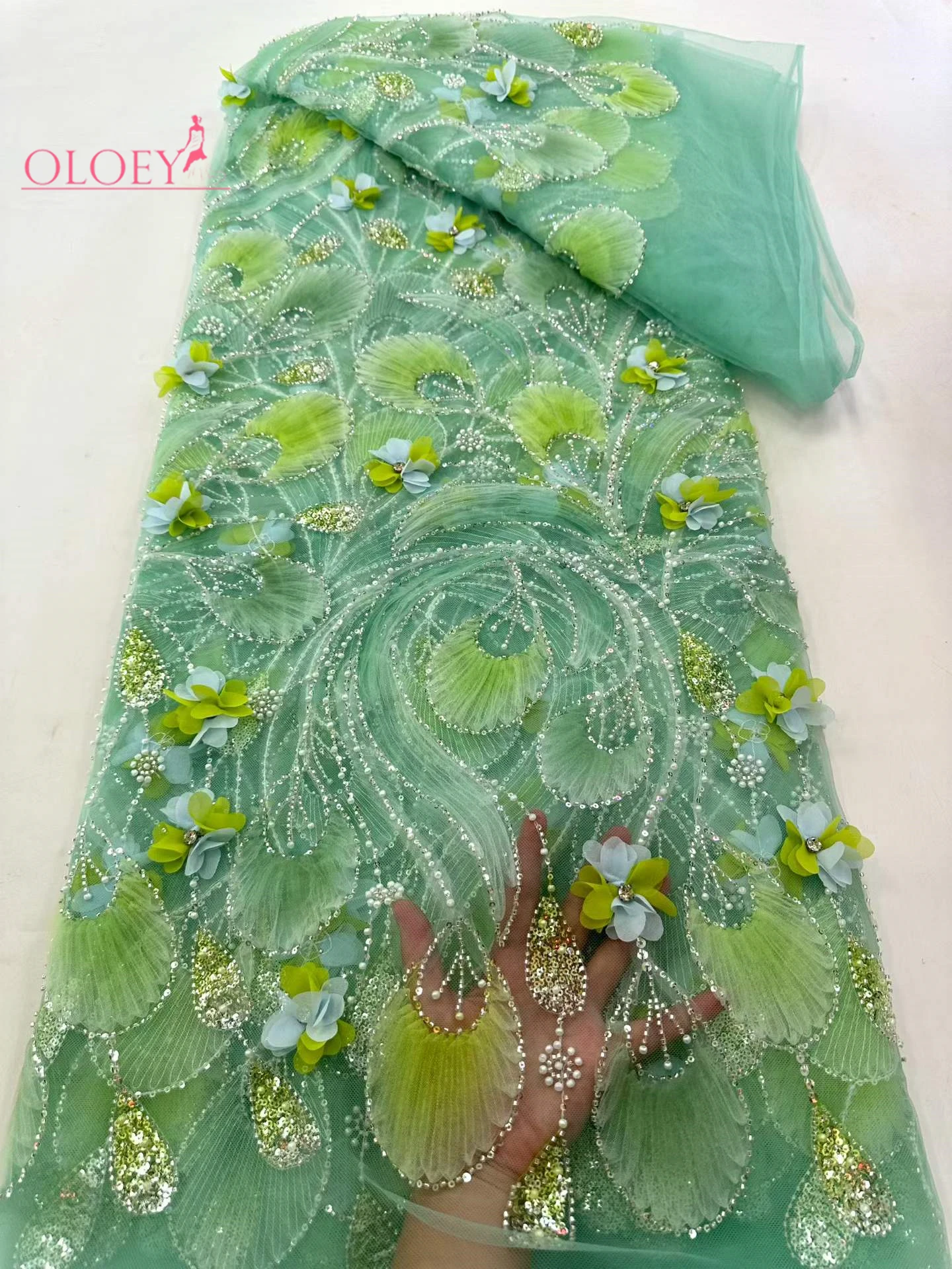

OLOEY Hot 3D Flower African Beaded Lace Fabric 5 Yards France Nigeria Sequins Mesh Tulle Lace Fabric for Wedding Party Evening