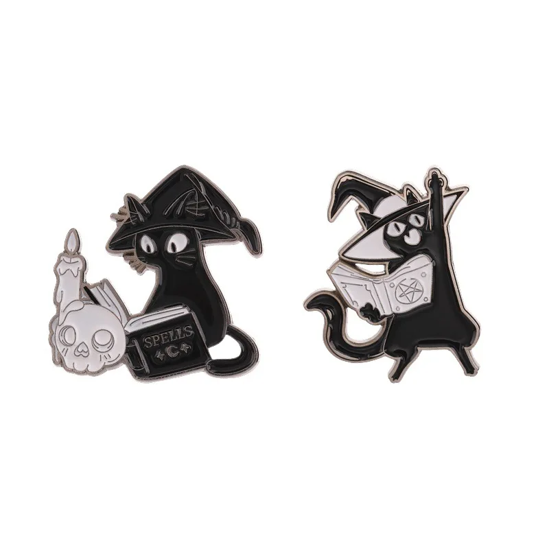 Creative Magic Wizard Black Cat Brooch Halloween Spell Book Skull Candle Cartoon Badges Party Gift Pins DIY Clothing Bags Hat