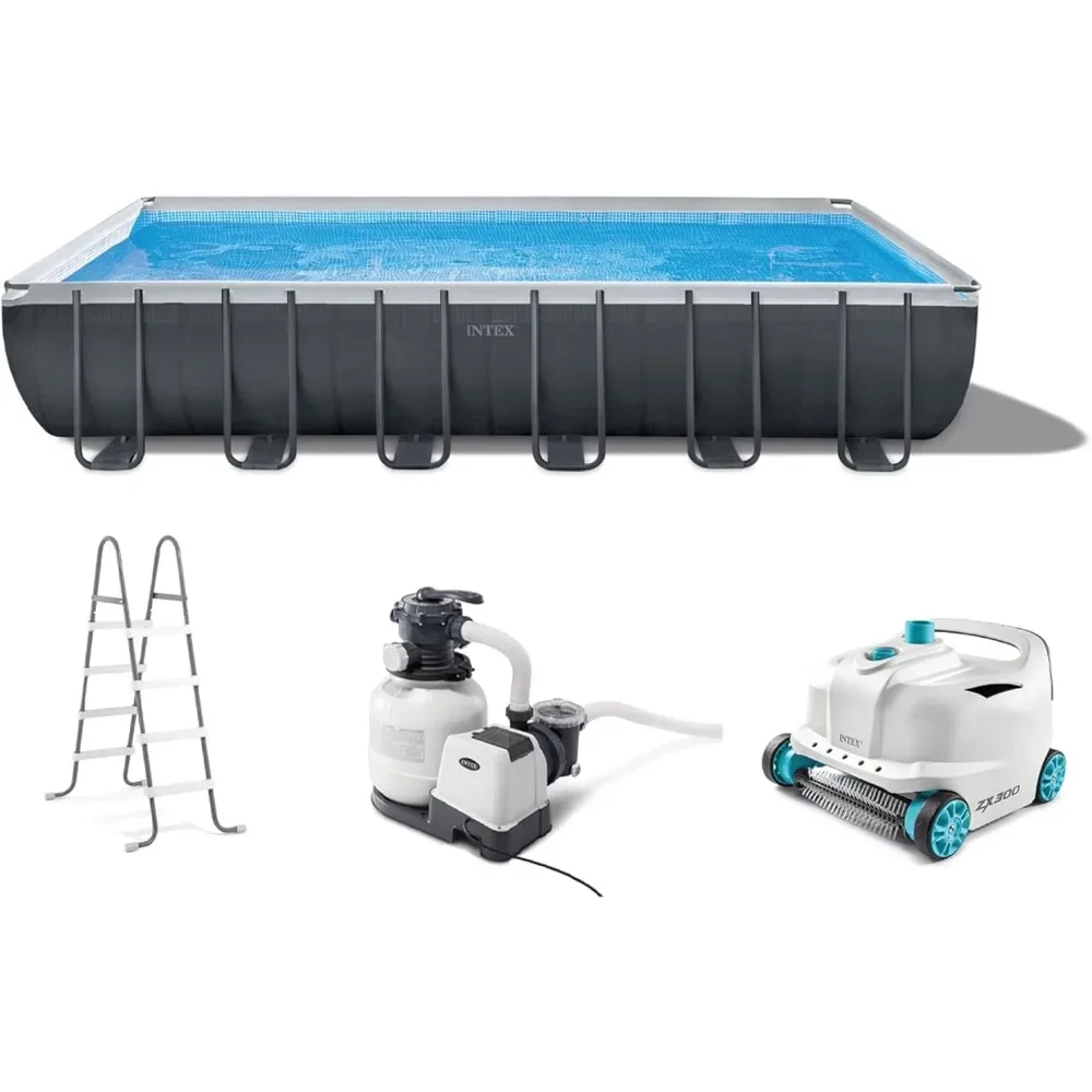 

24ft X 12ft X 52in Frame Rectangular Swimming Pool Set with Sand Filter Pump, Ladder, Ground Cloth, Cover