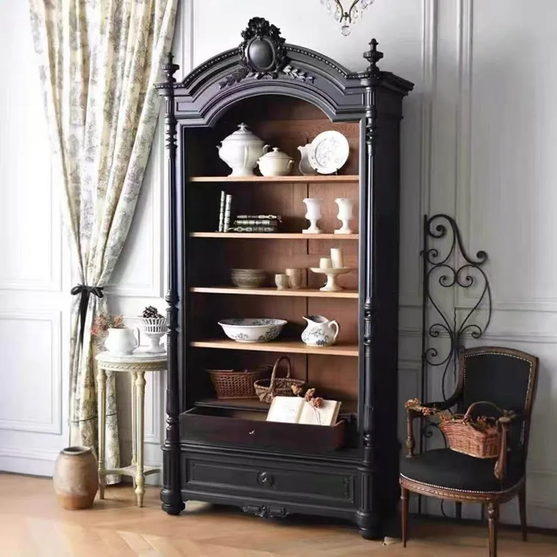 French solid wood carving flower dining side cabinet small apartment household wall black locker display cabinet American multi-