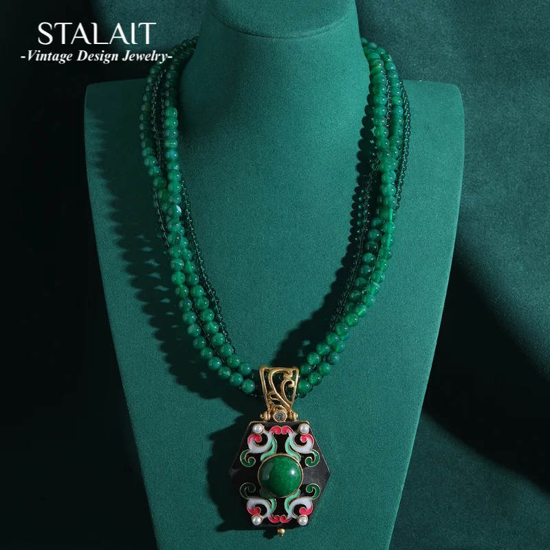 

Винтажное многослойное изумрудно-зеленое ожерелье, женское агатовое ожерелье из бисера, кулон из натурального камня, женские антикварные ювелирные изделия, ретро-кристалл 2025