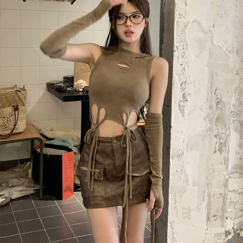 2024 Summer New Streetwear Hollow Lace-up Sexy Slim Hooded T-shirt Women + Casual Faux Leather A-line Skirt Two-piece Suit