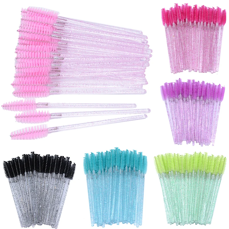 50pcs Disposable Eyelash Brushes Crystal Eye lash Mascara Wands Glitter Lash Comb Spoolies Micro Makeup Applicators