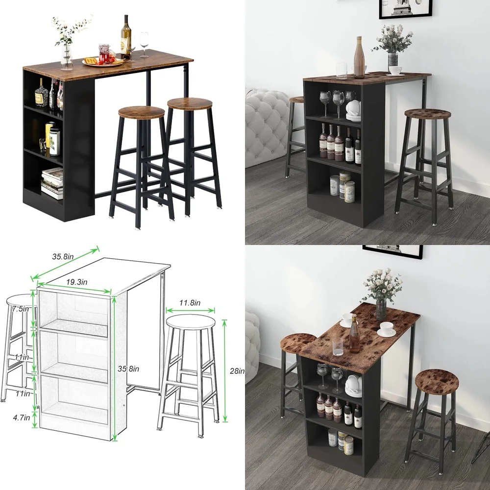 Modern 3-Piece Pub Bar Table Set for Home Kitchen Dining Room Wooden Counter Height Dining Table with 2 Stools Storage
