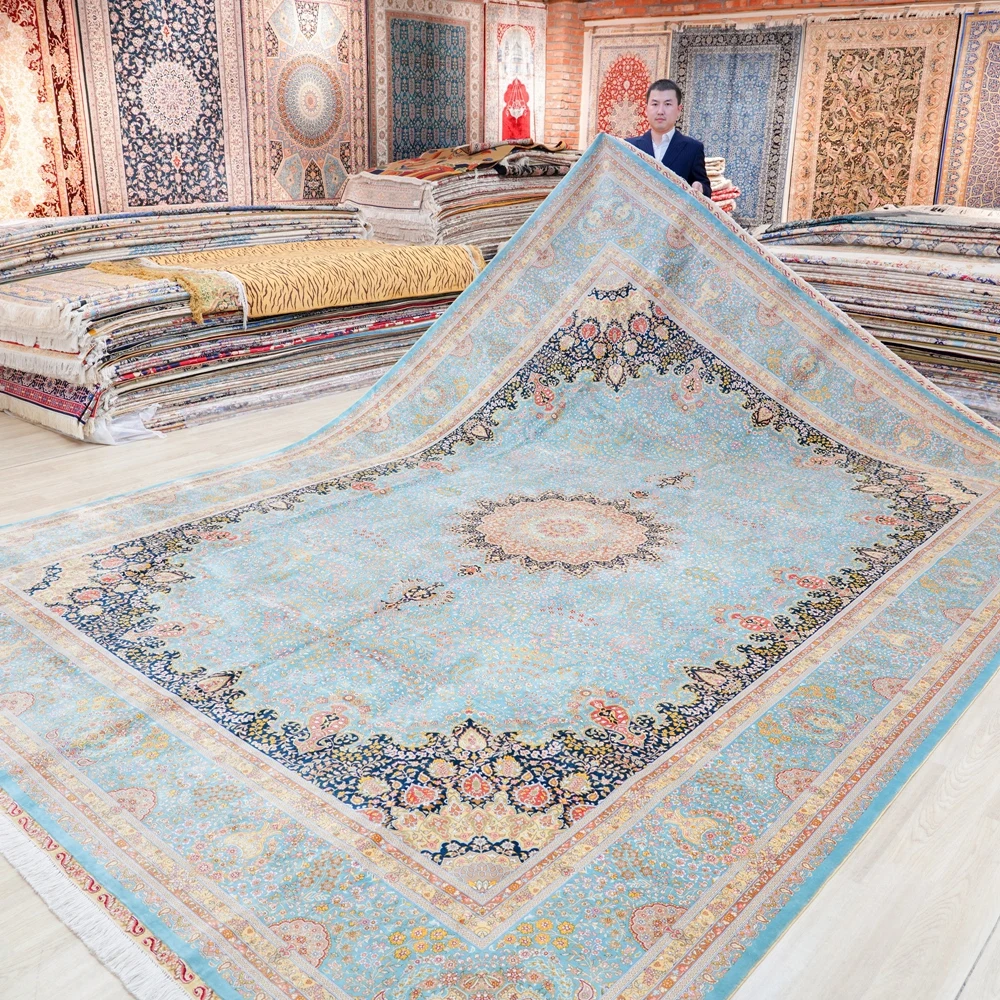 305x427cm Hand made Large Turkey Rugs Medallion Exquisite Blue Silk Carpets (TJ572A)