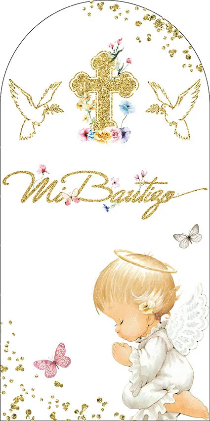 Mehofond Custom Christening Arched Backdrop Baby Baptism Kid Birthday Party God Bless Baby Shower Jesus Decor 2-sided Background