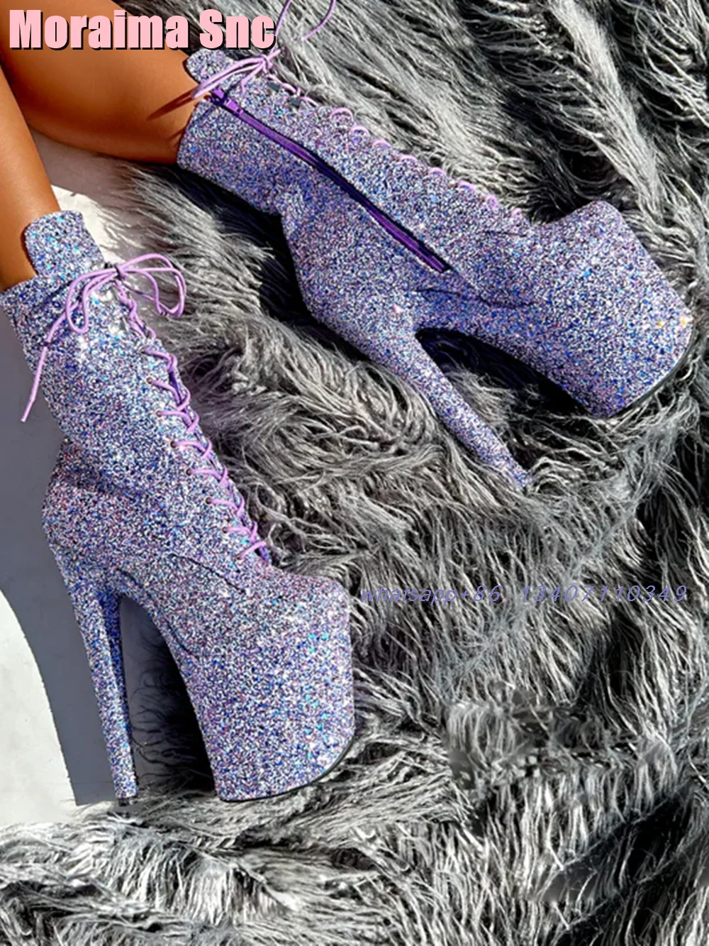 Sequined Bling Platform Ankle Boots Lace-up Round Toe Stiletto Super High Heel Side Zipper Purple Sexy Women's Short Boots 2025