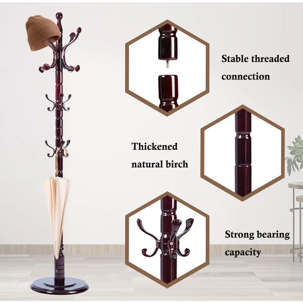 شجرة معطف خشبية صلبة شديدة التحمل مع 14 خطافًا، رف قائم بذاته بقاعدة قوية، لمسة نهائية من خشب البتولا الطبيعي لتخزين المدخل #4
