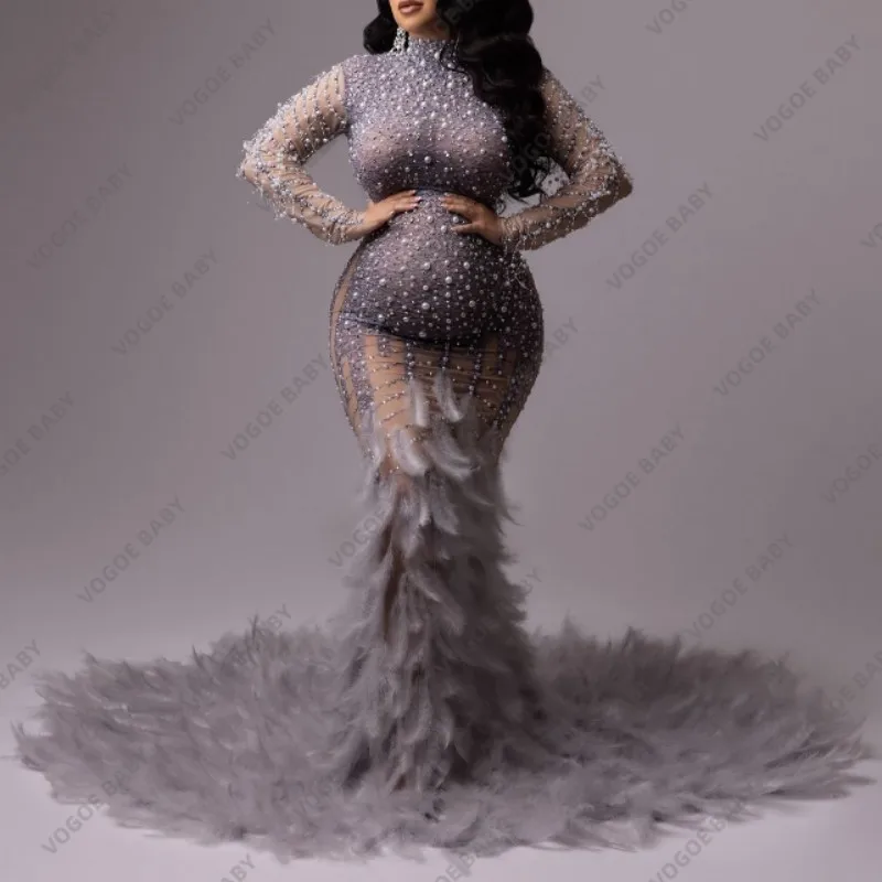 2pcs Beading Maternity Photography Dress Glittering Feather Dress Maternity Baby Shower Robe Pregnant Wedding Dress Photo Shoot