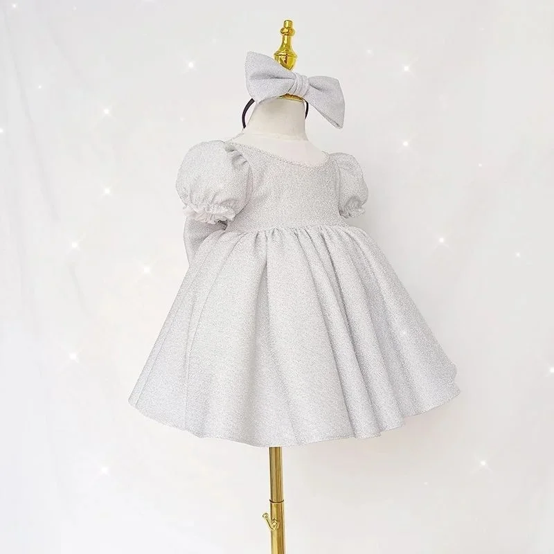 Baby Girl Princess Pearl Bling Dress Puff Sleeve Infant Toddler Teen Vestido Bow Party Pageant Birthday Baby Clothes 1-14Y