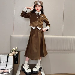 design teenager girls clothes skirt sets Striped patchwork short jacket+long skirt 2pcs 4-14 kids suit childer outfit bebe fille