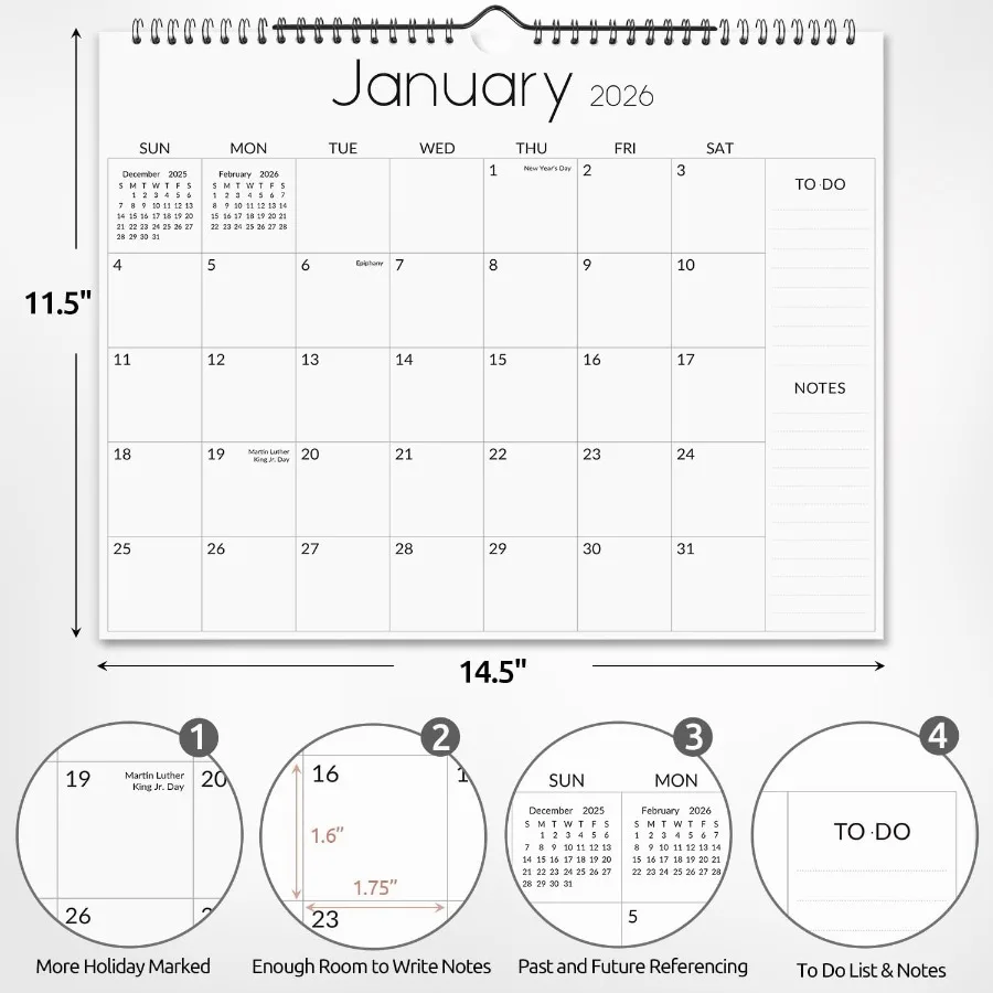 تقويم حائط 2026 من يوليو 2025 إلى ديسمبر 2026 تقويم 18 شهرًا 20252026 تقويم مع خطط تحريك 14.5 بوصة × 11 بوصة أسود #2