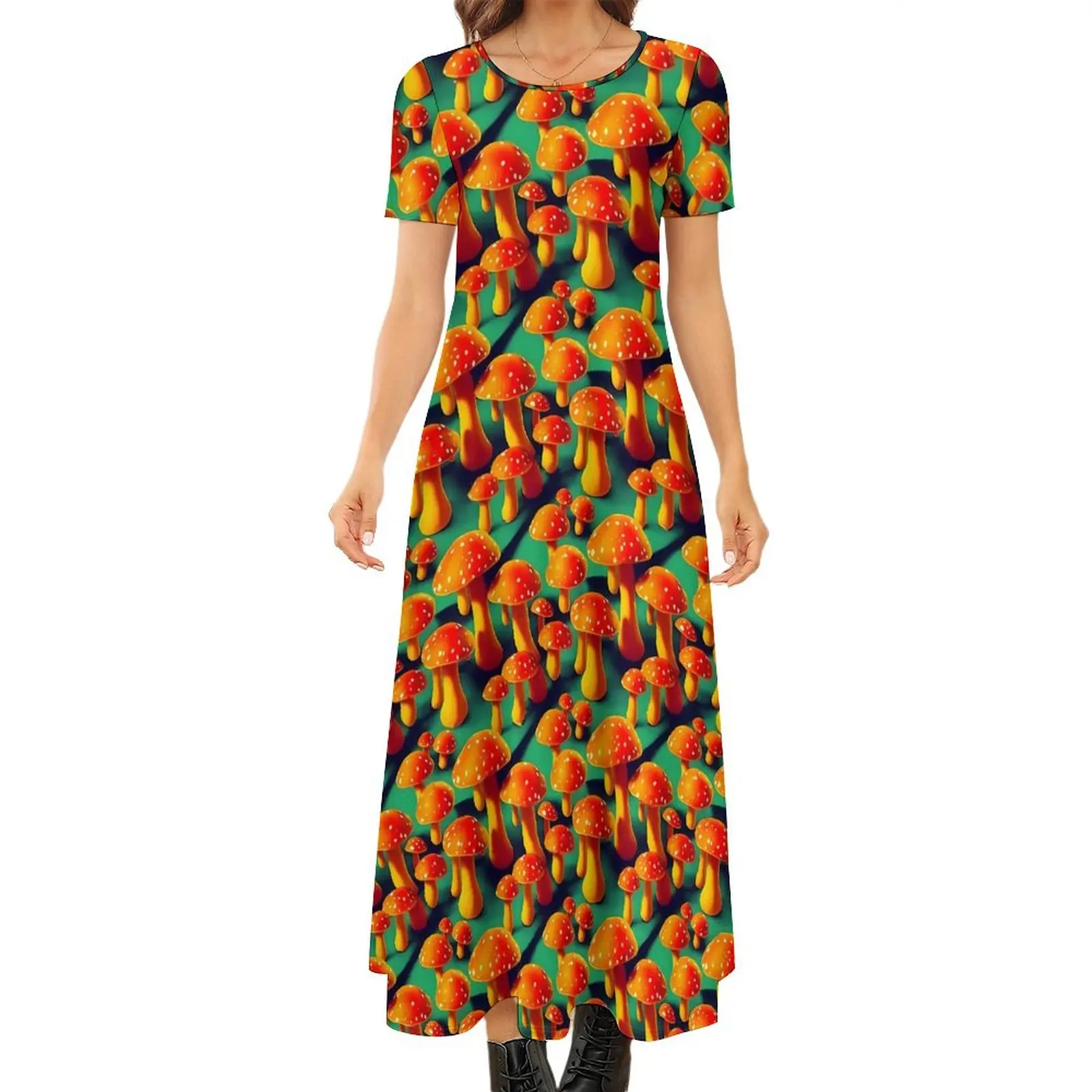 

Magic Mushroom Dress Trippy Orange Mushrooms Kawaii Maxi Dress Ladies Short Sleeve Korean Fashion Bohemia Long Dresses Big Size