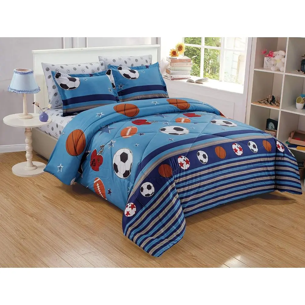 

Kids/Teens 6-Piece Sports-Themed Comforter Set: Navy Blue, Black, Orange, Red, White with Basketball and Soccer Designs, Full Si