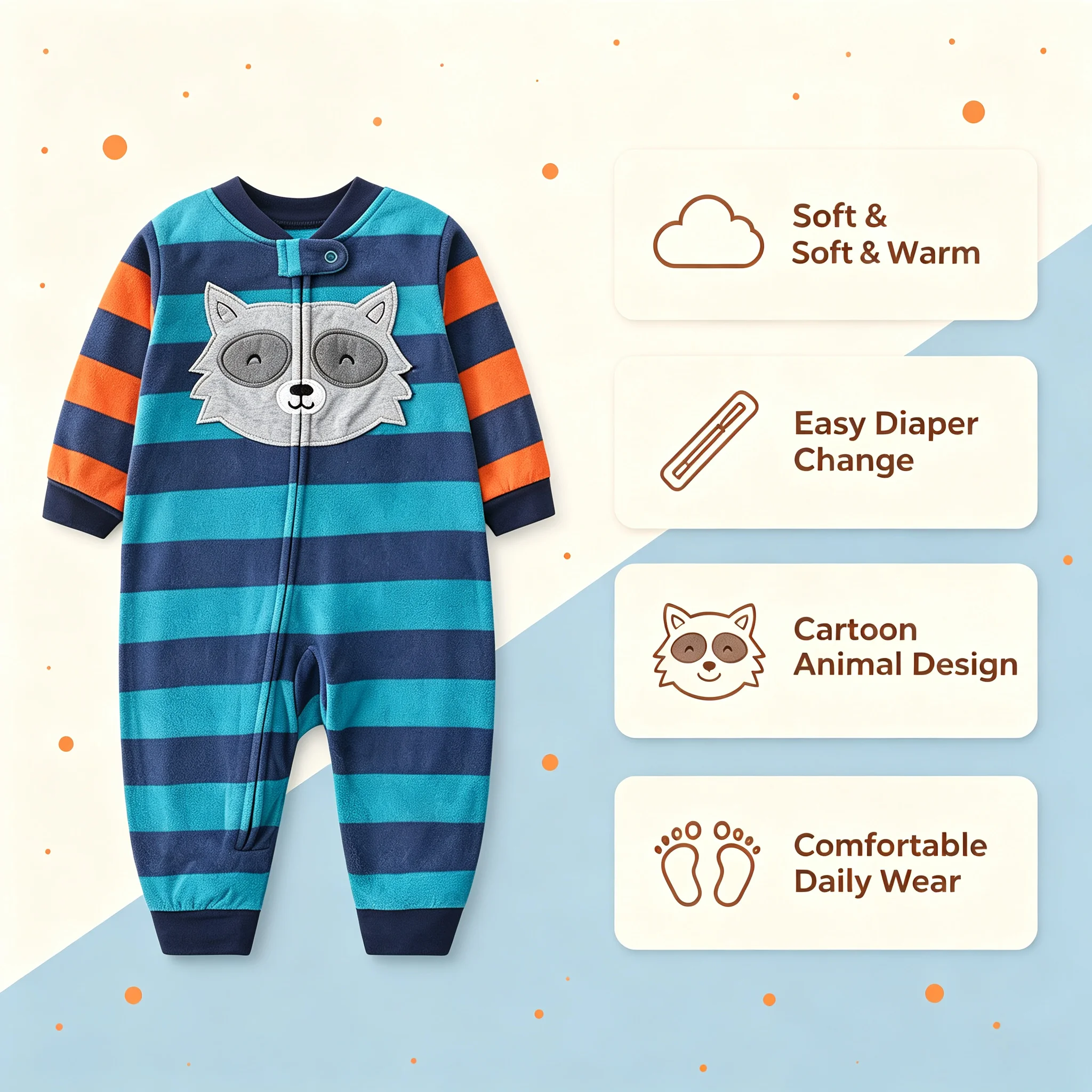 Baby Polar Fleece Romper 6-24M Long Sleeve Full Zipper Footless Jumpsuit Cartoon Raccoon Embroidery Striped Autumn Winter Infant