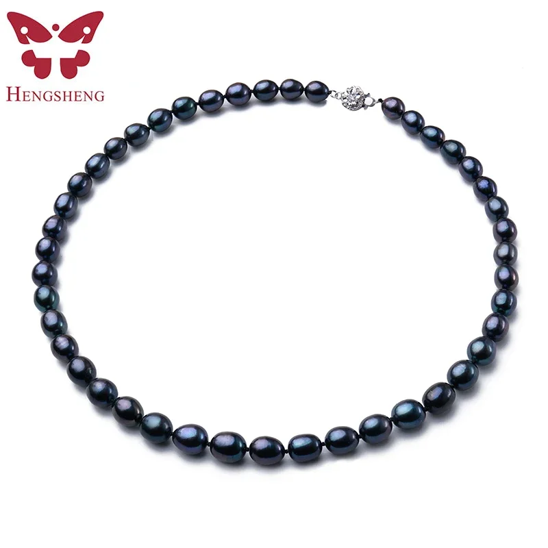 New Arrival 8-9 mm Natural Freshwater Black Pearl Jewelry Necklace 925 Sterling Silver Flower Buckle  Fine Jewelry For Women