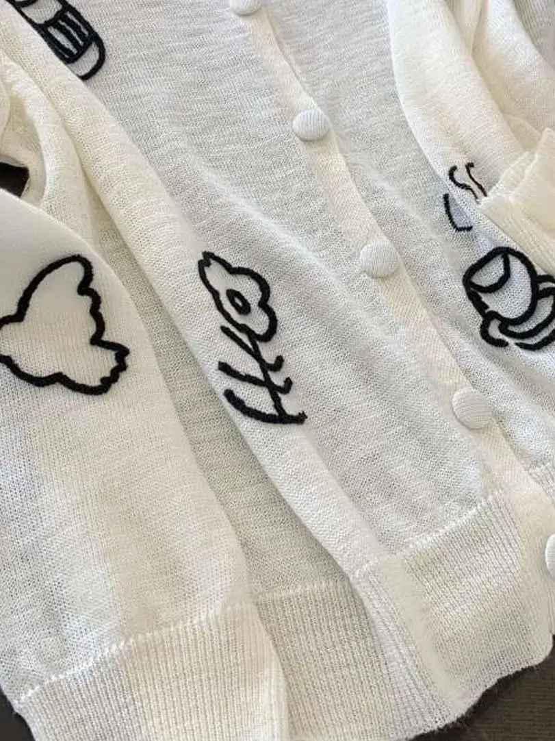 Comfortable And Wearable White Cartoon Embroidery Long Sleeve Knitted Open Cardigan Early Autumn Thin Korean Style Ageless El... view 5