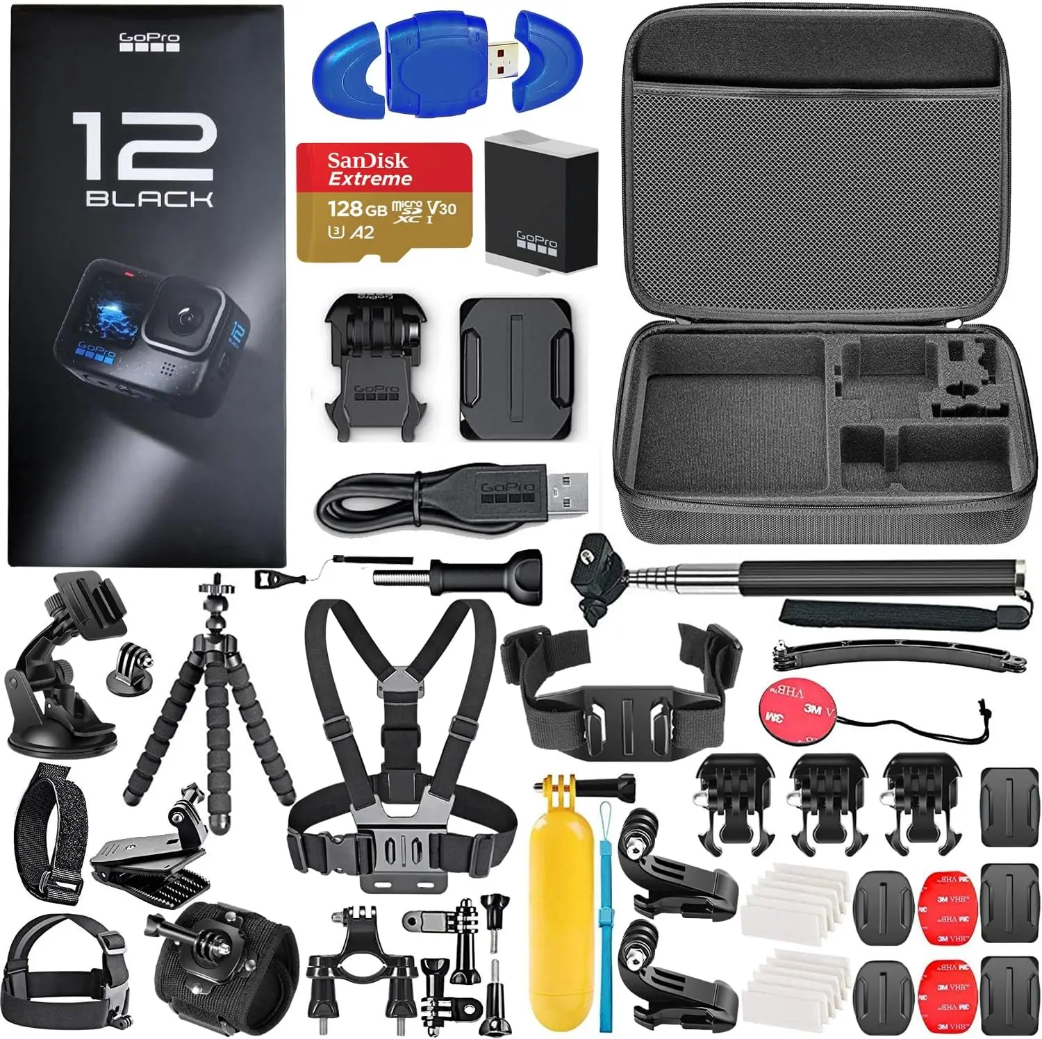 12 Black 5.3K Action Camera Bundle with 128GB Card and 50 Accessories