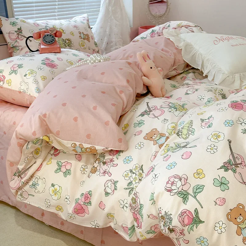 Korean tulip pure cotton four-piece ins pastoral cotton quilt cover girl heart student bed