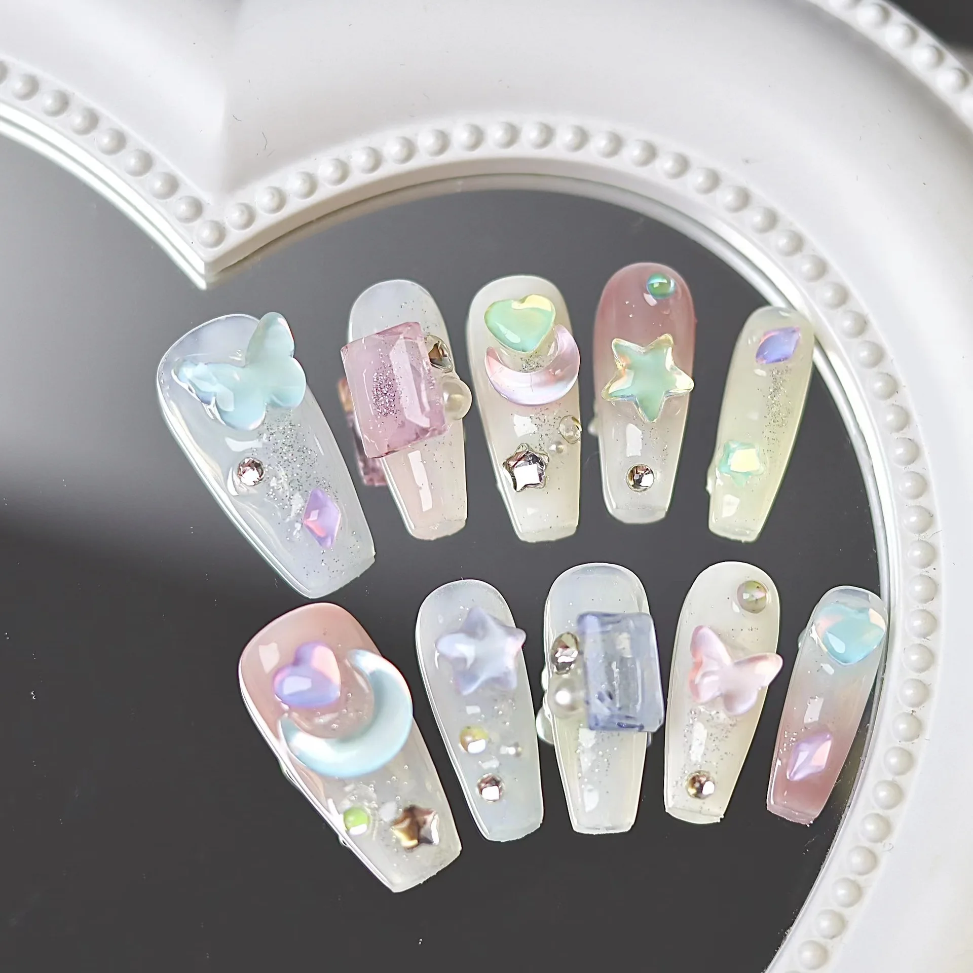 10pcs Gradient Cute Candy Color Medium French Ballet Nails 3D Dreamy Star Moon Rhinestone Design Full Cover Wearable Nail Tips