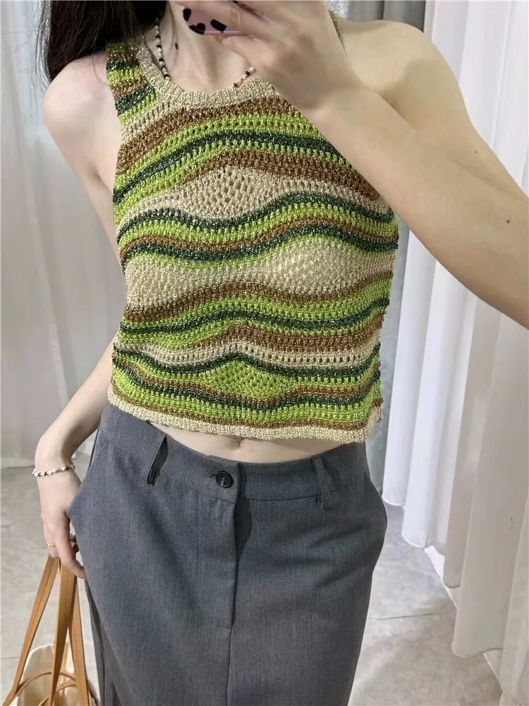 

Women Hollow out Knitted Vest Color Contrast Striped O-Neck Sleeveless Simple Spring 2024 Tank Tops