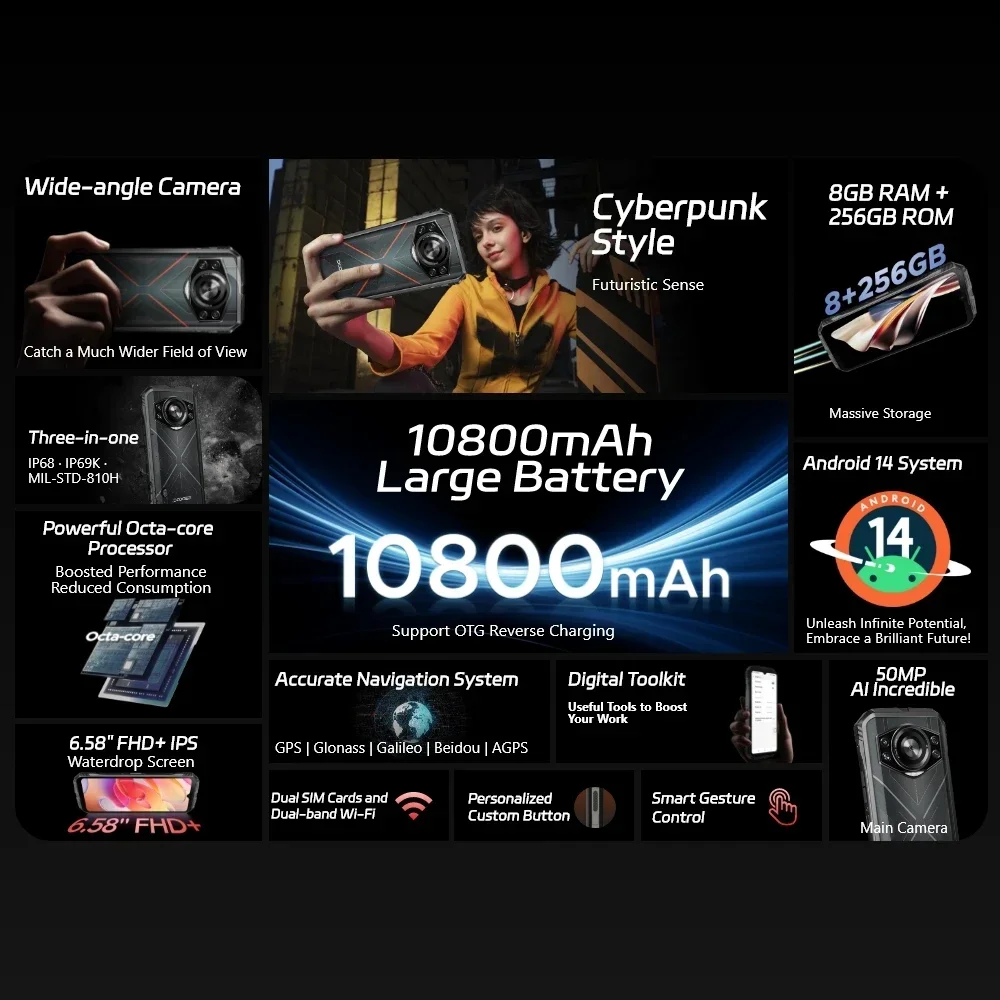 Global Version DOOGEE S Cyber Rugged Phone 8GB 256GB Android 14 Unisoc T606 Octa-core 10800mAh Large Battery 50MP AI Camera