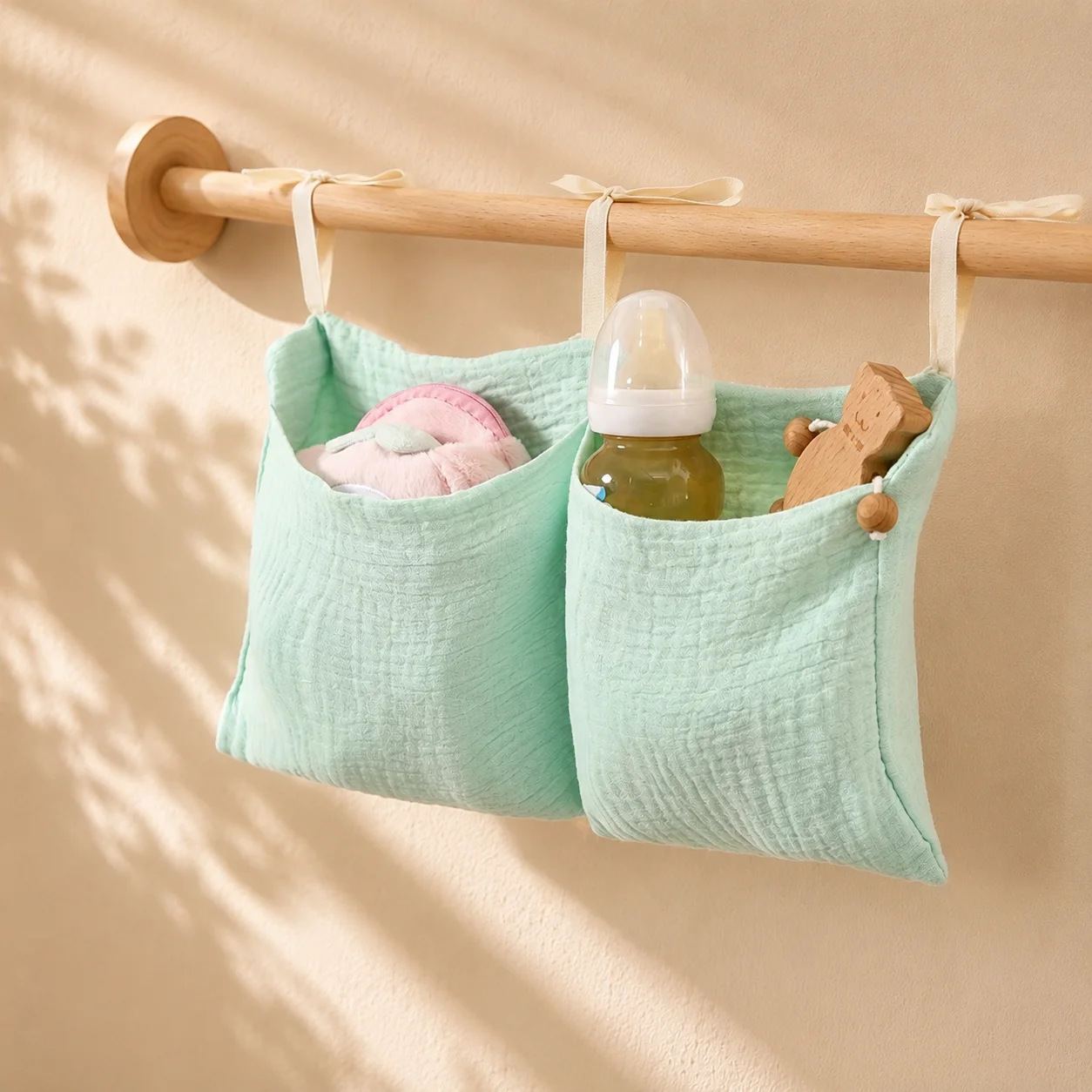 1 Piece Pure Cotton Baby Bed Rail Bag with Double Pockets, Children's Bottle Bedside Hanging Bag, Baby Diaper Storage Bag, Stroller Hanging Bag