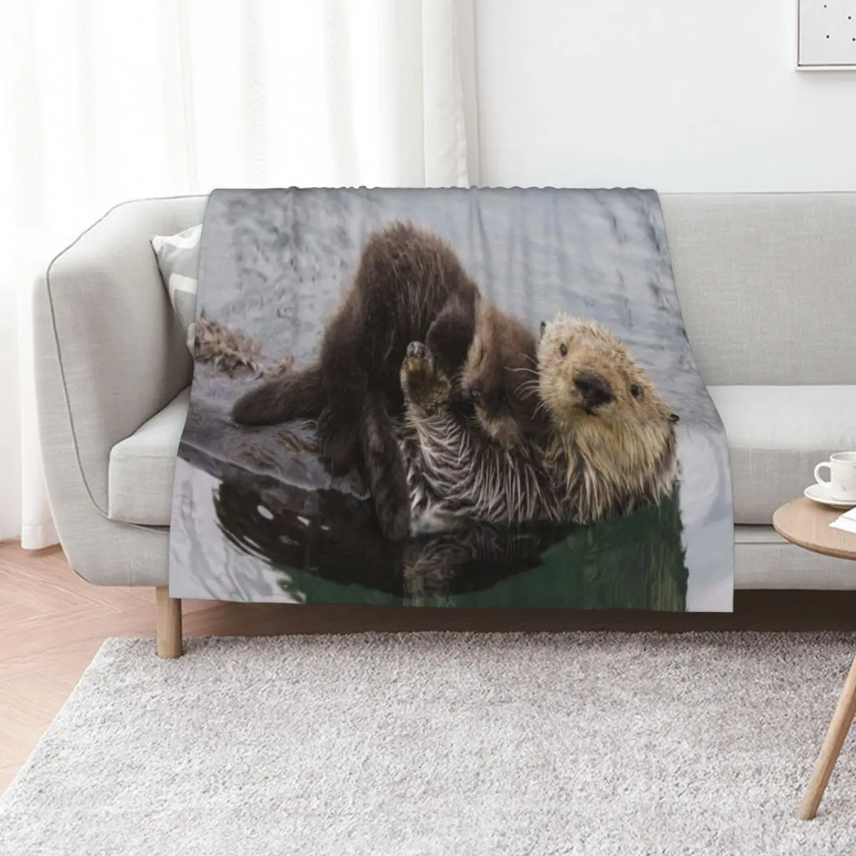 Sea Otter in water swimming with baby Throw Blanket Summer Beddings Plaid funny gift Furry Quilt Plush Blankets