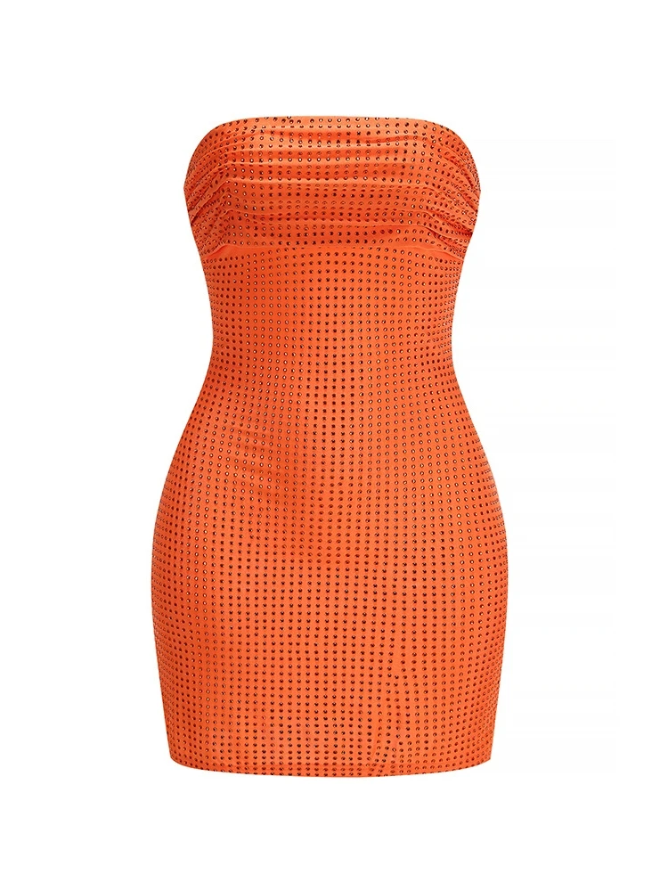 セクシーなストラップレス Sjiny ダイヤモンドミニドレス女性オレンジノースリーブバックレス折り目ラインストーンボディコンドレスイブニングパーティーカクテル