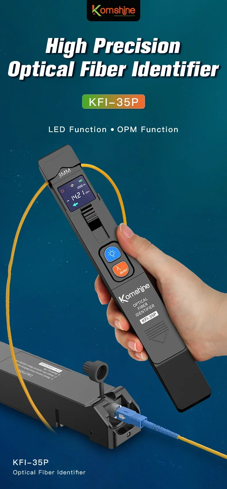 Komshine KFI-35P Metal Fiber Optic Identifier 800-1700nm, Suit for 0.25, 0.9, 2/3 Fiber Line Built in OPM