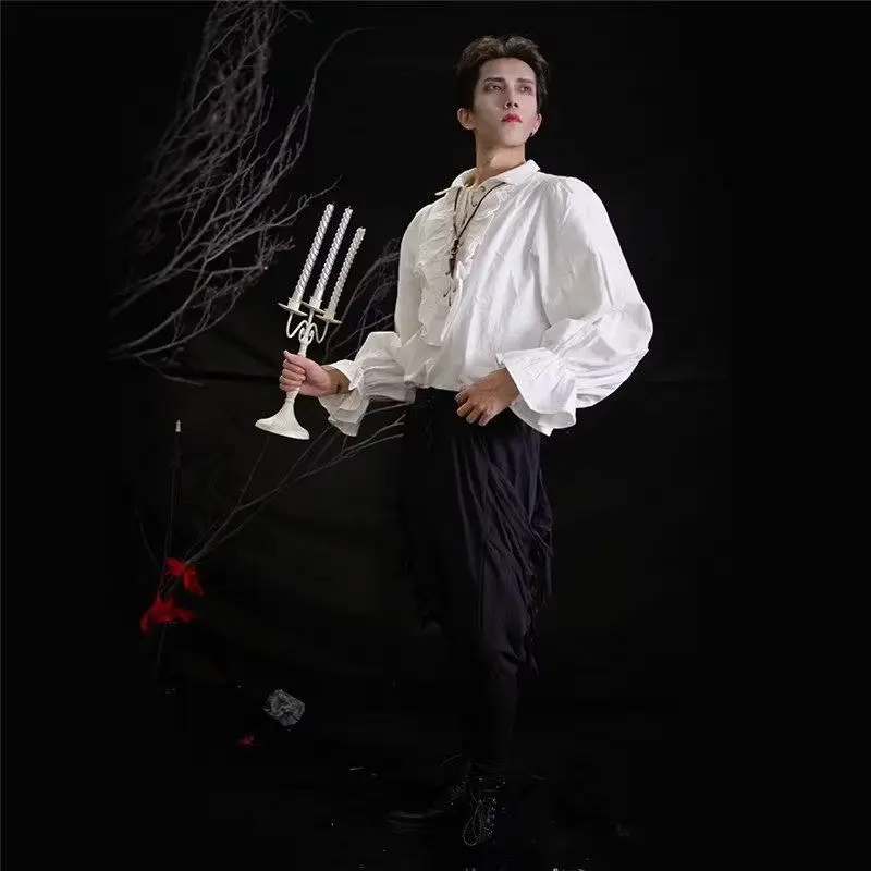 Halloween Costumes Men Medieval Court Style Long Sleeve Shirt Drawstring Fashion Casual Elegant Vampire Cosplay Tops Black White