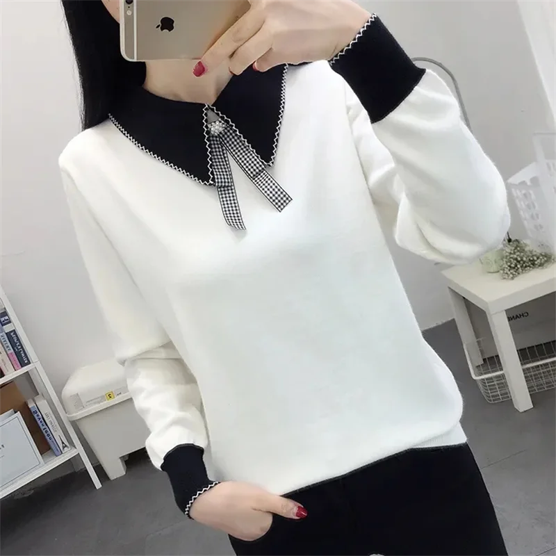 

Autumn Winter Knitted Sweater Women 2024 New Fashion Turn-down Collar Long Sleeve Knitwear Woman Korean Elastic Slim Pullover To