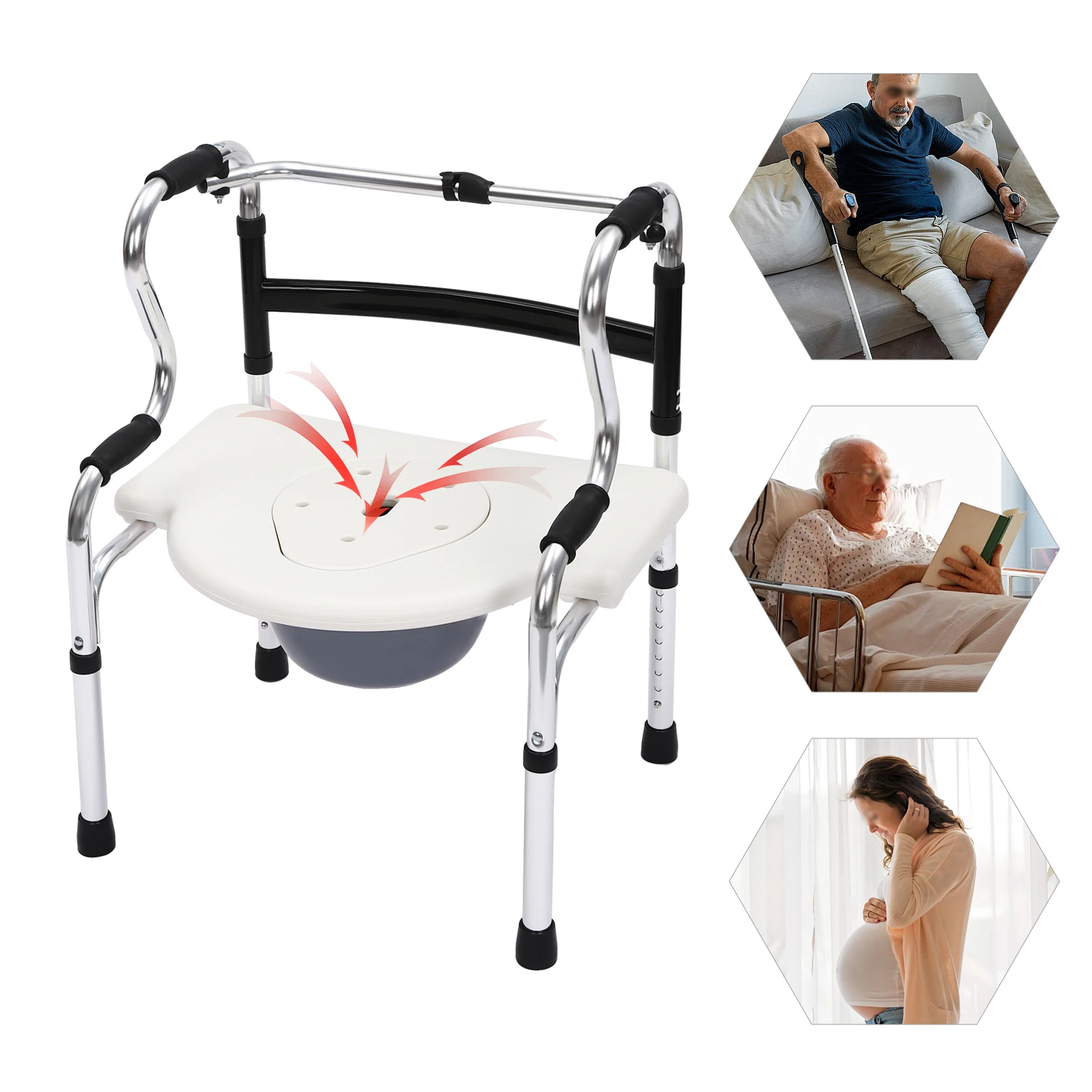 6 in 1 Shower Commode Chair 220lbs Folding Walker Bedside Seat Adjustment Height for Toilet Disabled Pregnant Women Stand Up Aid