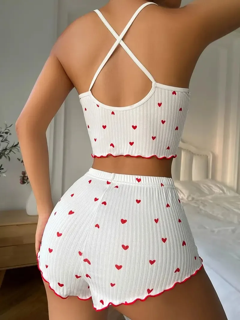 Sexy Heart Print Pajama Set for Women Sleepwear Silk Stain V-Neck Sleeveless Casual Cami Top and Shorts Sets Loungewear