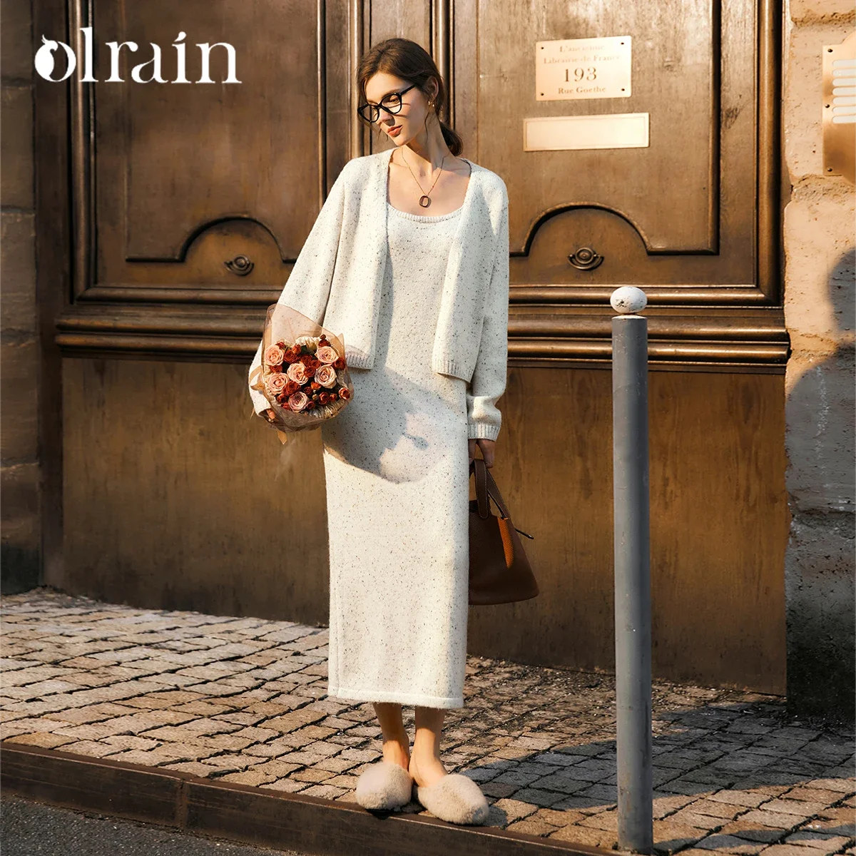 OLrain Women 2025 New Winter Beige Two-piece Knit Set Open Cardigan Sleeveless Midi Dress Lazy Casual Elegant Suit O56DE95605