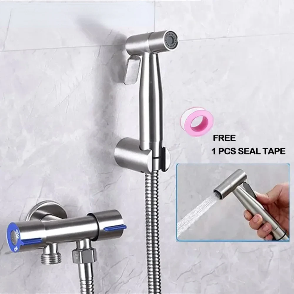 Bathroom Toilet Bidet Sprayer Set 304 Stainless Steel Two Way Faucet With 1.5M Flexible Hose Bathroom Shower Head Set