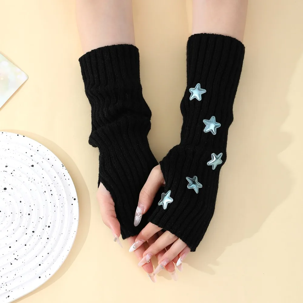 Knitted Arm Warmers Elastic with Stars Pattern Long Fingerless Gloves Warm Thumb Hole Design Winter Mitten Gloves for Women