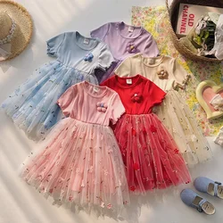 2025 Summer Girls Dress Floral Mesh Princess Party Costume for Girls Toddler Short Sleeve Birthday Children's Dresses Clothing