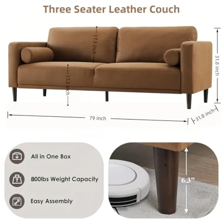 79 Brown Faux Leather Couch for Living Room, Mid-Century Modern Sofa with Durable Construction and Timeless Design