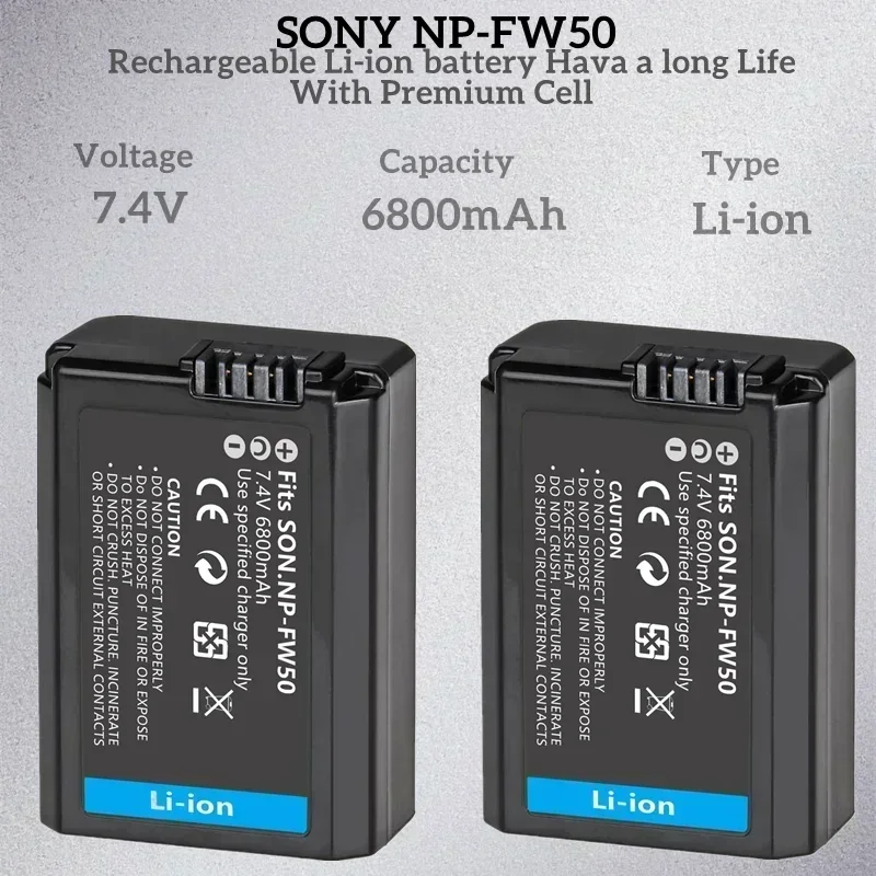 High Capacity 6800mAh NP-FW50 Camera Battery Set for Sony Alpha 7 A7 A7RII 7R A7R A3000 A5000 A6000 A6100 A6500 A6300
