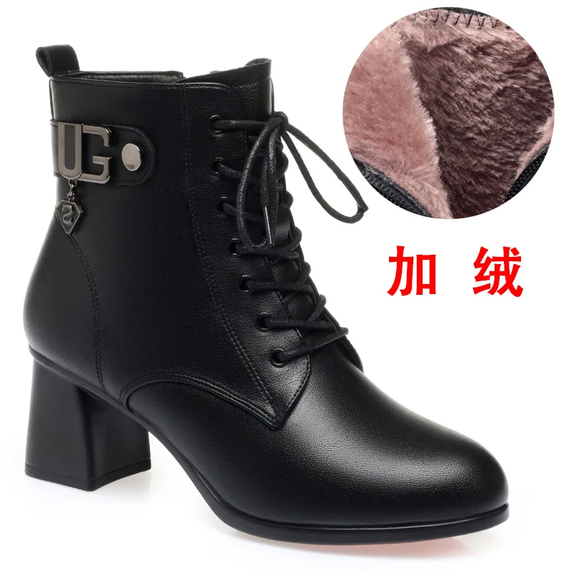 2024 British Women Mon Cotton Shoes Retro Lace Up Chunky High Heels Ankle Boots Korean Version Black Warm Platform Short Boots